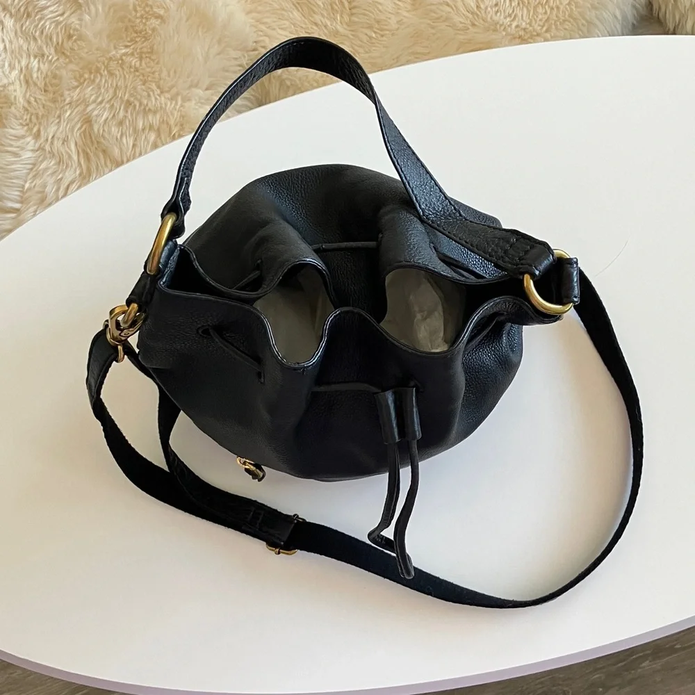 Fossil Black Pebbled Leather Boho Bucket Bag 2 Strap Crossbody Brass